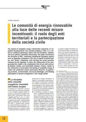 Le comunità di energia rinnovabile alla luce delle recenti misure incentivanti: il ruolo degli enti territoriali e la partecipazione della società civile