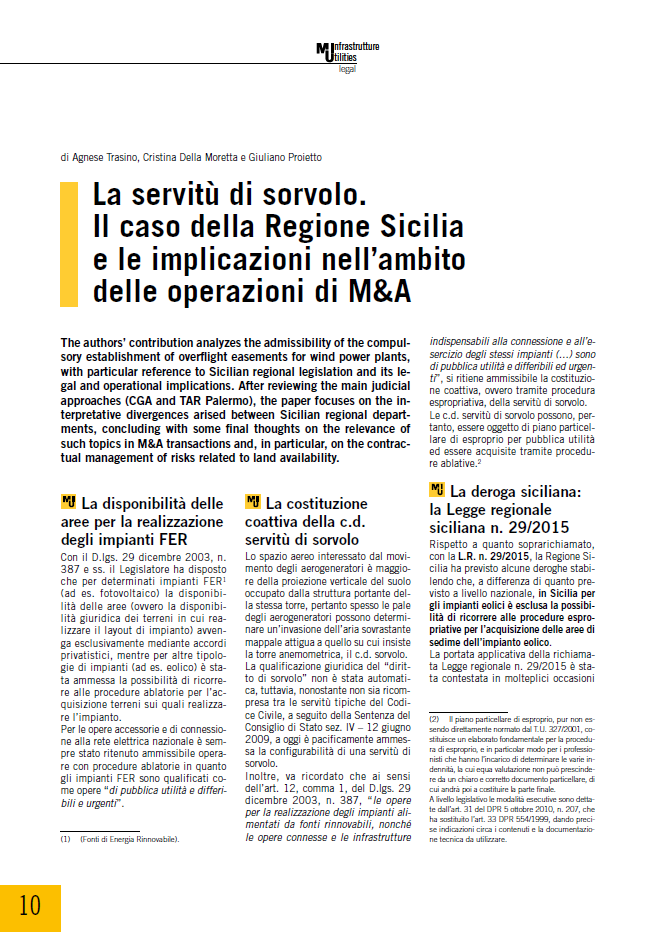 La servitù di sorvolo. Il caso della Regione Sicilia e le implicazioni nell’ambito delle operazioni di M&A