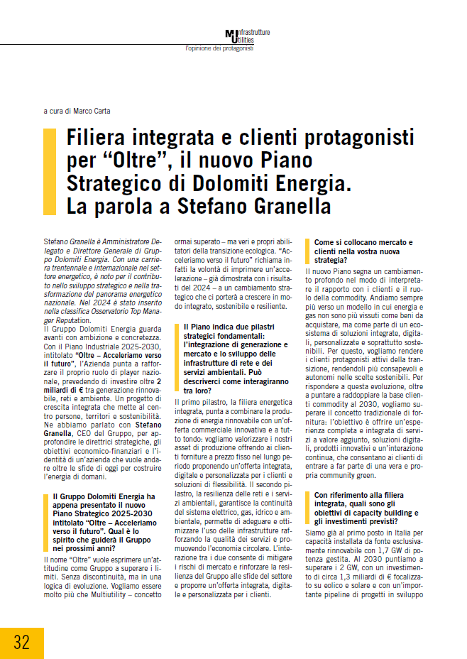 Filiera integrata e clienti protagonisti per “Oltre”, il nuovo Piano Strategico di Dolomiti Energia. La parola a Stefano Granella