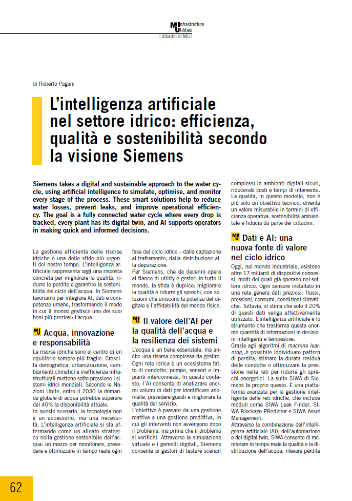 L’intelligenza artificiale nel settore idrico: efficienza, qualità e sostenibilità secondo la visione Siemens
