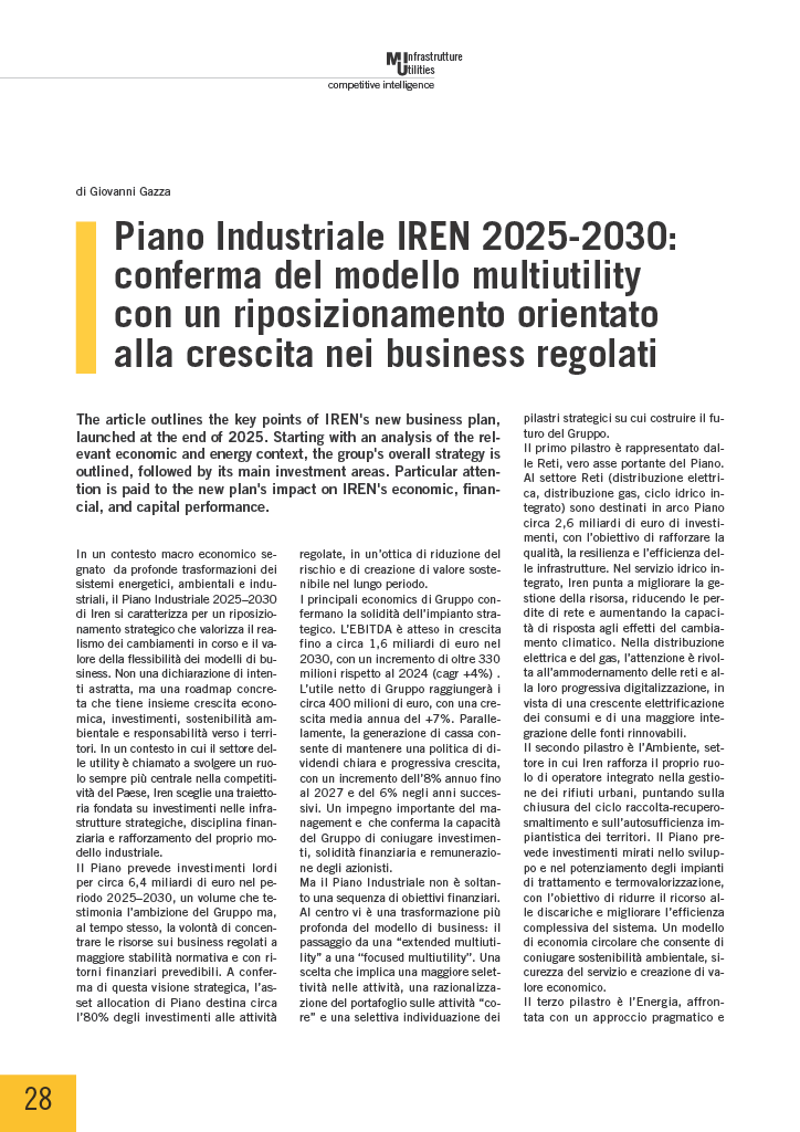 Piano Industriale IREN 2025-2030: conferma del modello multiutility con un riposizionamento orientato alla crescita nei business regolati