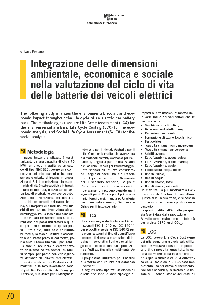 Integrazione delle dimensioni ambientale, economica e sociale nella valutazione del ciclo di vita delle batterie dei veicoli elettrici