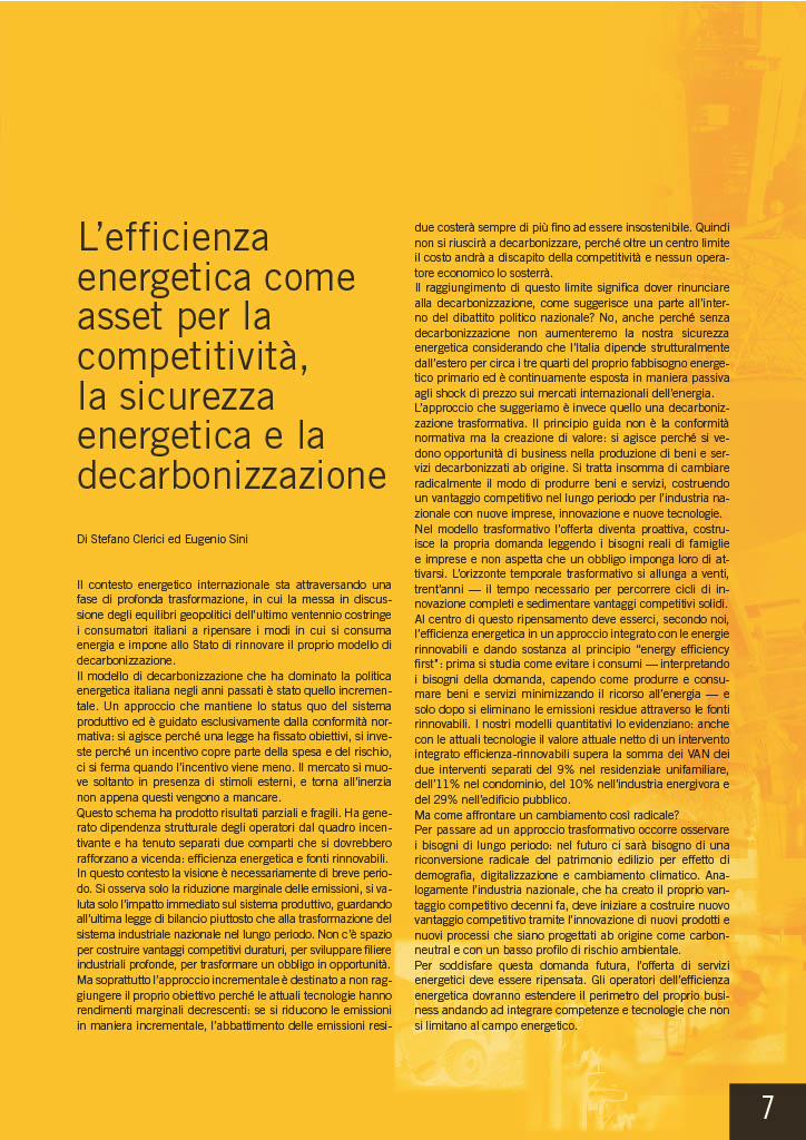 L’efficienza energetica come asset per la competitività, la sicurezza energetica e la decarbonizzazione