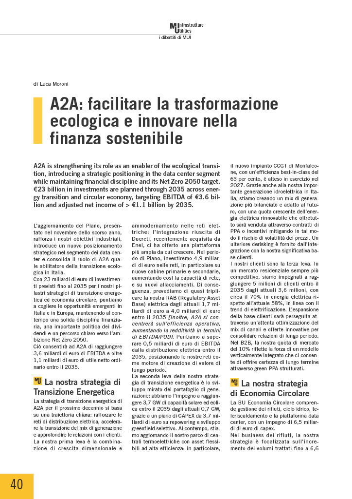 A2A: facilitare la trasformazione ecologica e innovare nella finanza sostenibile