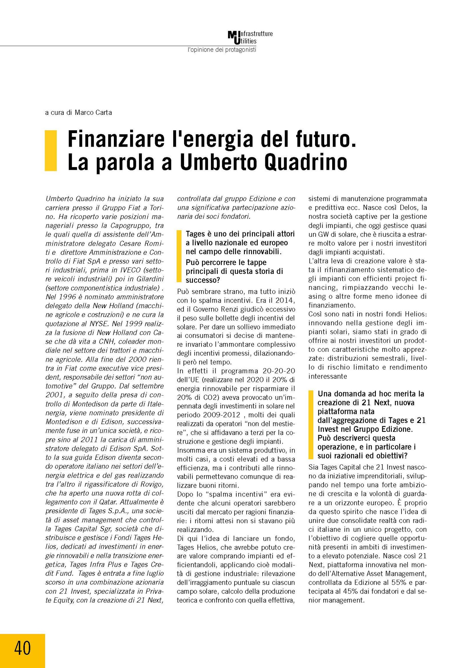 Finanziare l'energia del futuro. La parola a Umberto Quadrino