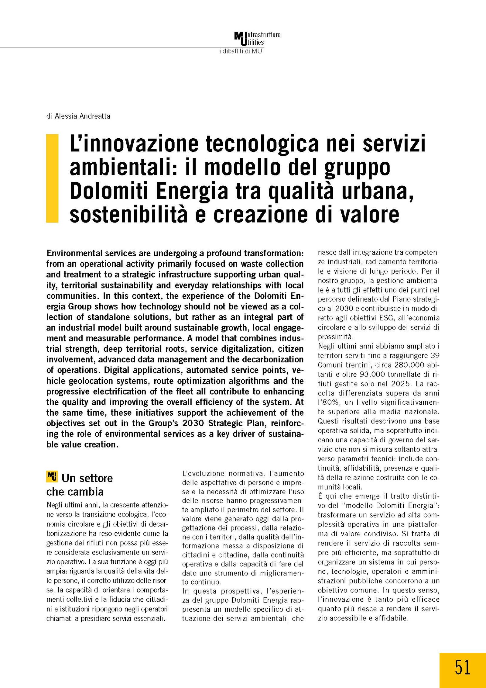 L’innovazione tecnologica nei servizi ambientali: il modello del gruppo Dolomiti Energia tra qualità urbana, sostenibilità e creazione di valore