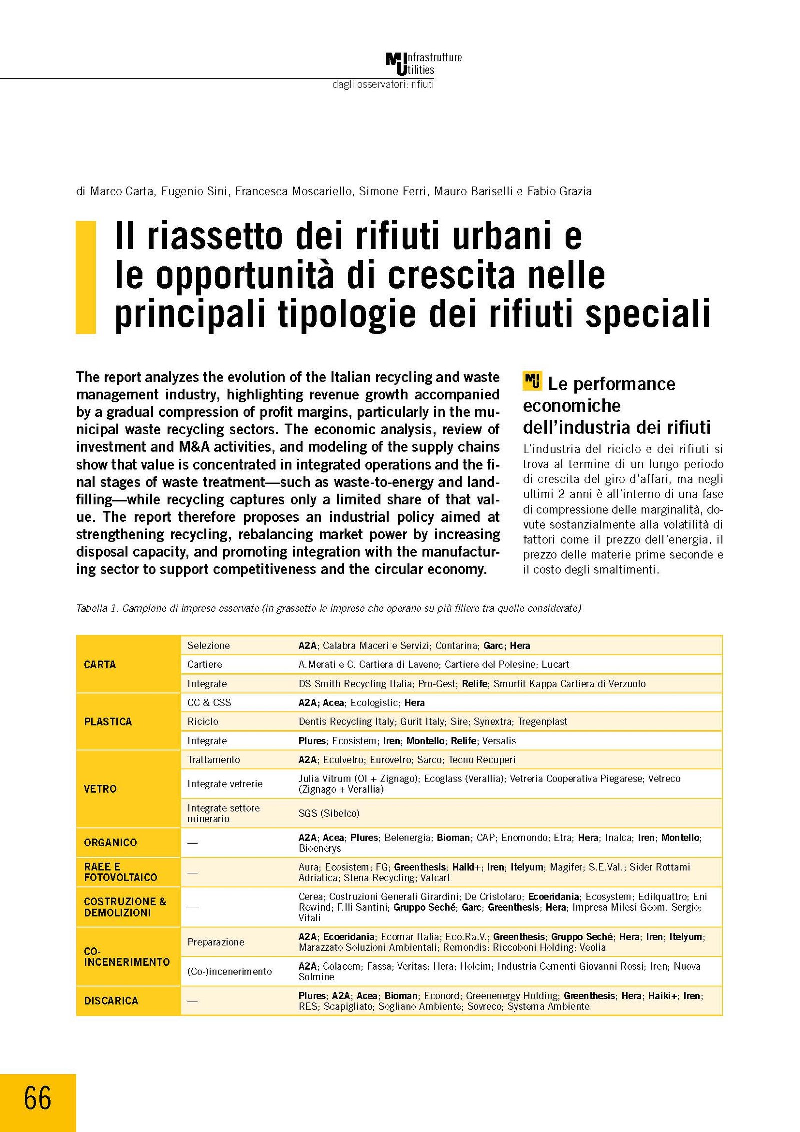 Il riassetto dei rifiuti urbani e le opportunità di crescita nelle principali tipologie dei rifiuti speciali