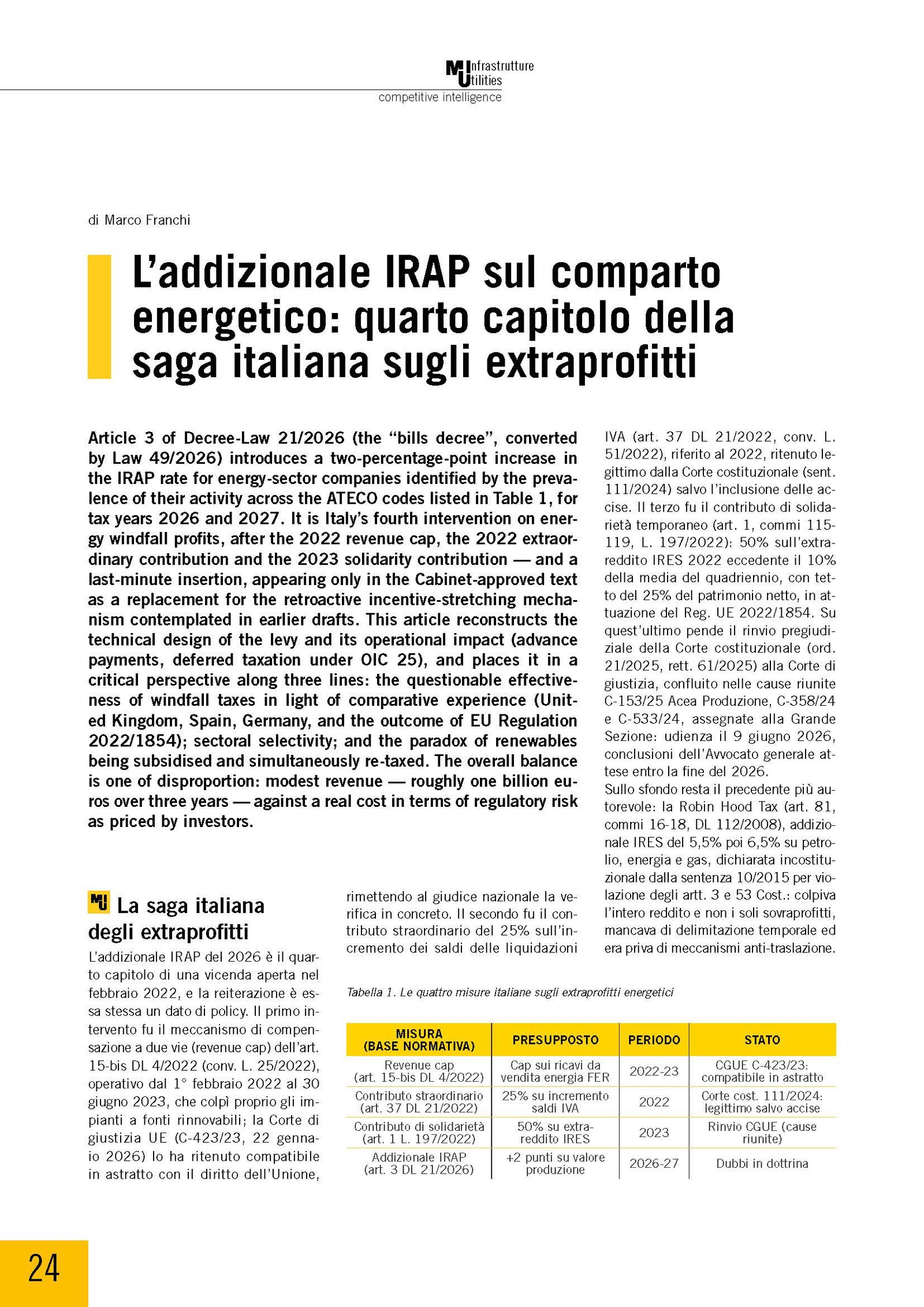 L’addizionale IRAP sul comparto energetico: quarto capitolo della saga italiana sugli extraprofitti